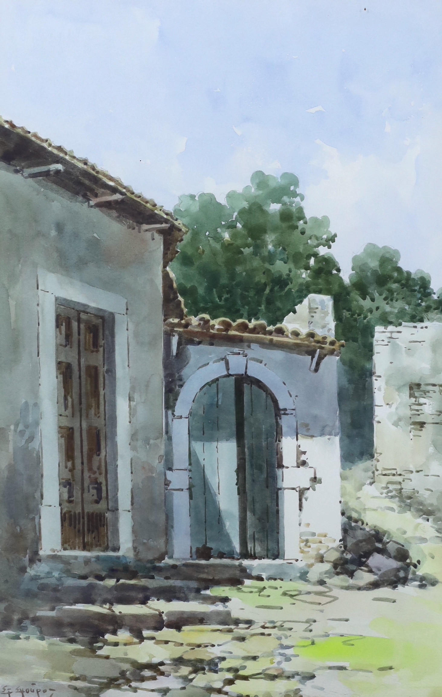 Greek school, pair of watercolours, Street scenes with villas, each signed, 26 x 41cm